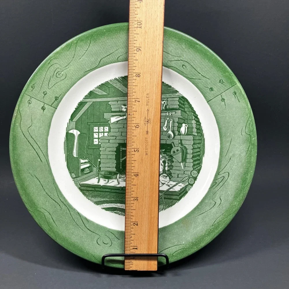 Royal Dinner Plate Colonial Homestead 10 inch Green Vintage Fireplace Scene